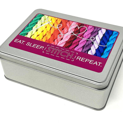 Eat. Sleep. Stitch. Repeat WIP bobbin storage tin with foam insert to hold 30 bobbins for cross stitch / embroidery projects