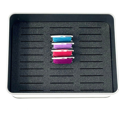 Cat WIP bobbin storage tin with foam insert to hold 30 bobbins for cross stitch / embroidery projects