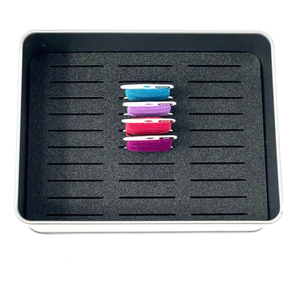 WIP bobbin storage tin with foam insert to hold 30 bobbins for cross stitch / embroidery projects