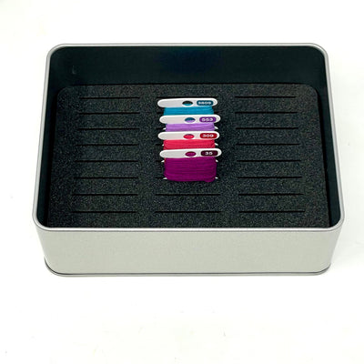 WIP bobbin storage tin with foam insert to hold 30 bobbins for cross stitch / embroidery projects
