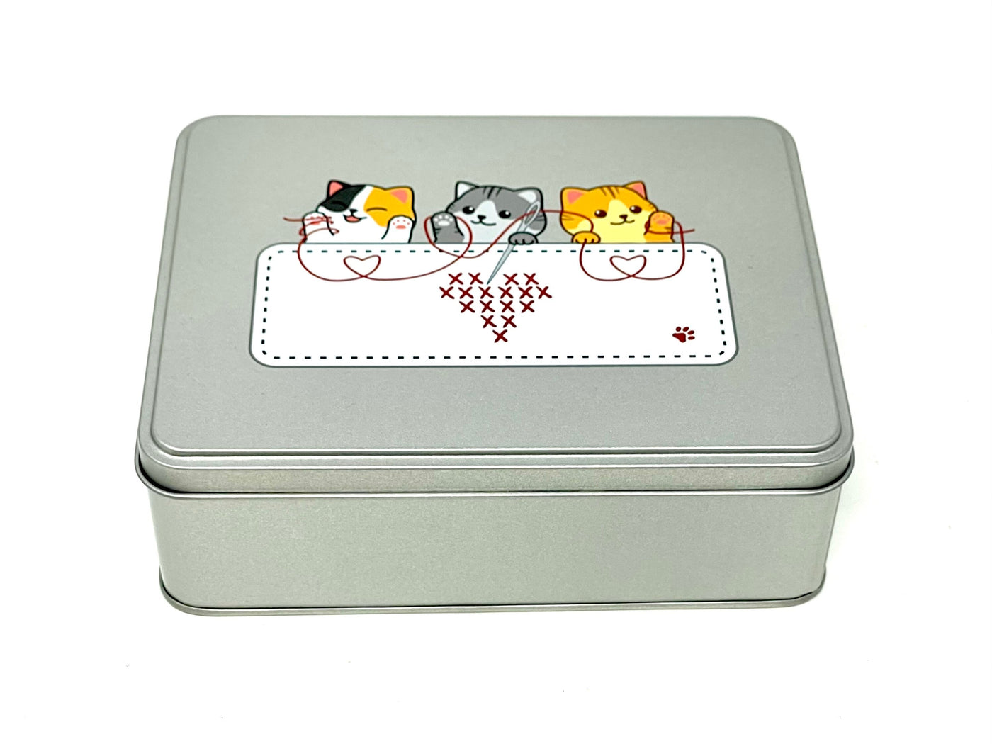 Cat WIP bobbin storage tin with foam insert to hold 30 bobbins for cross stitch / embroidery projects