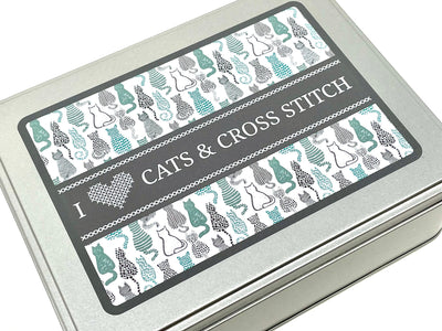 Cat WIP bobbin storage tin with foam insert to hold 30 bobbins for cross stitch / embroidery projects