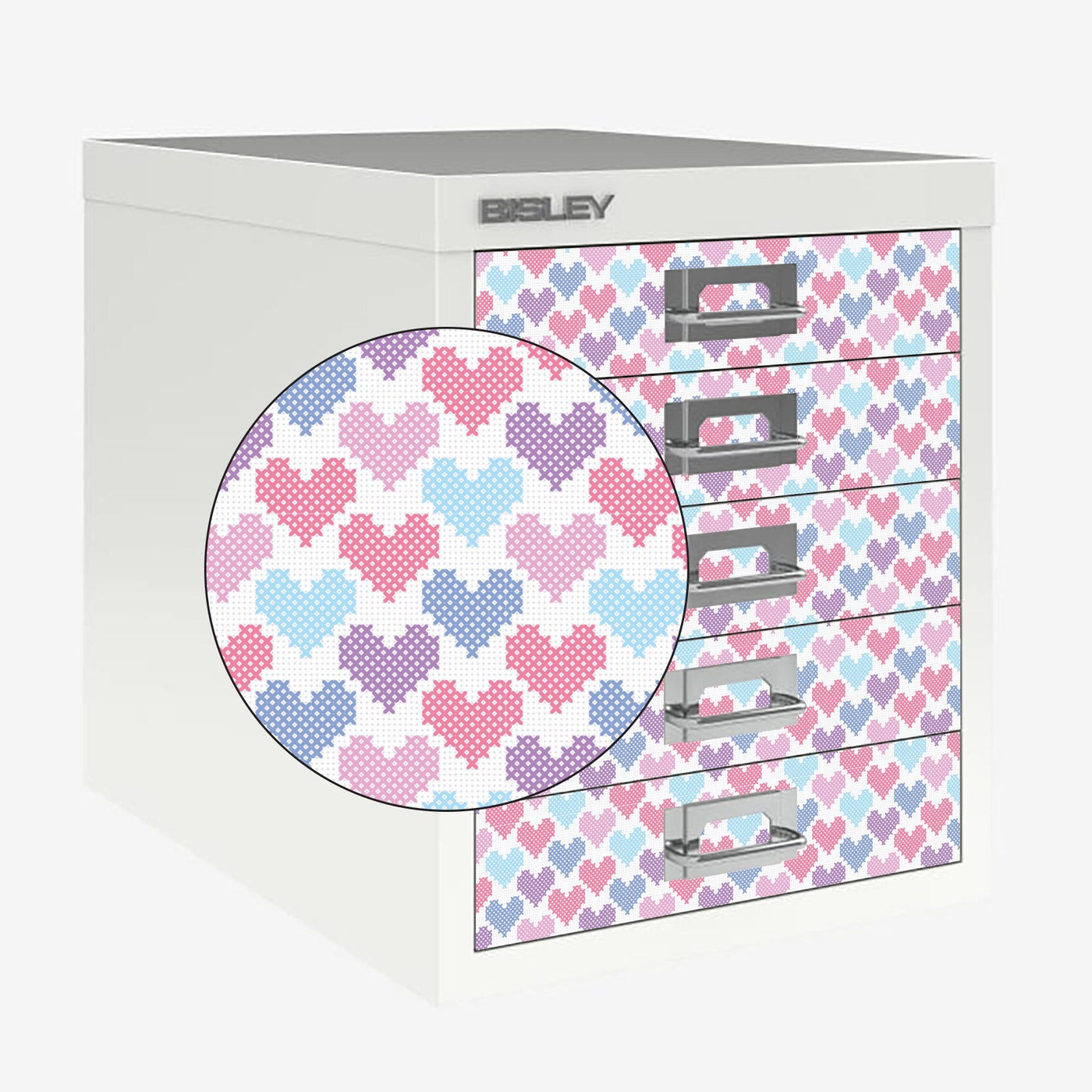 Cross stitch heart decals for Bisley 5 drawer cabinet (not included)