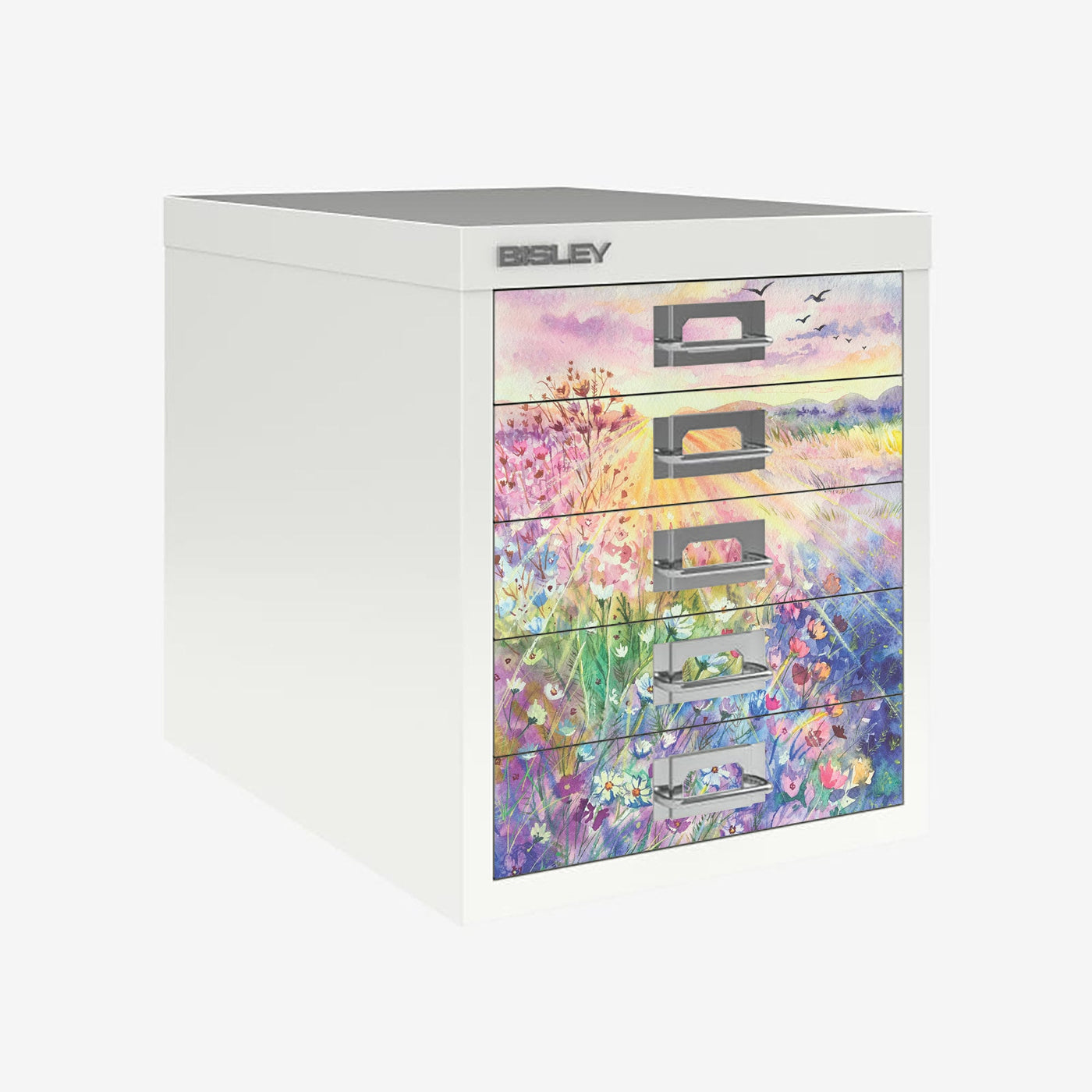Watercolour Sunrise Meadow decals for Bisley 5 drawer cabinet (not included)