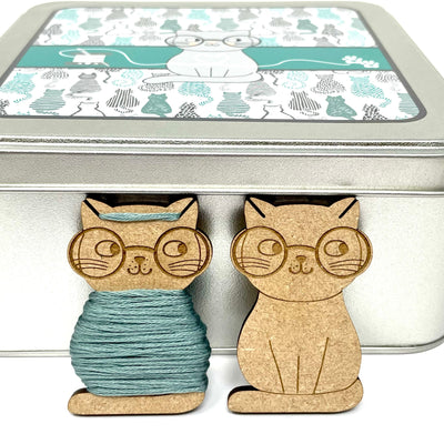 Nerdy cat tin with 20x wooden bobbins for cross stitch and embroidery projects