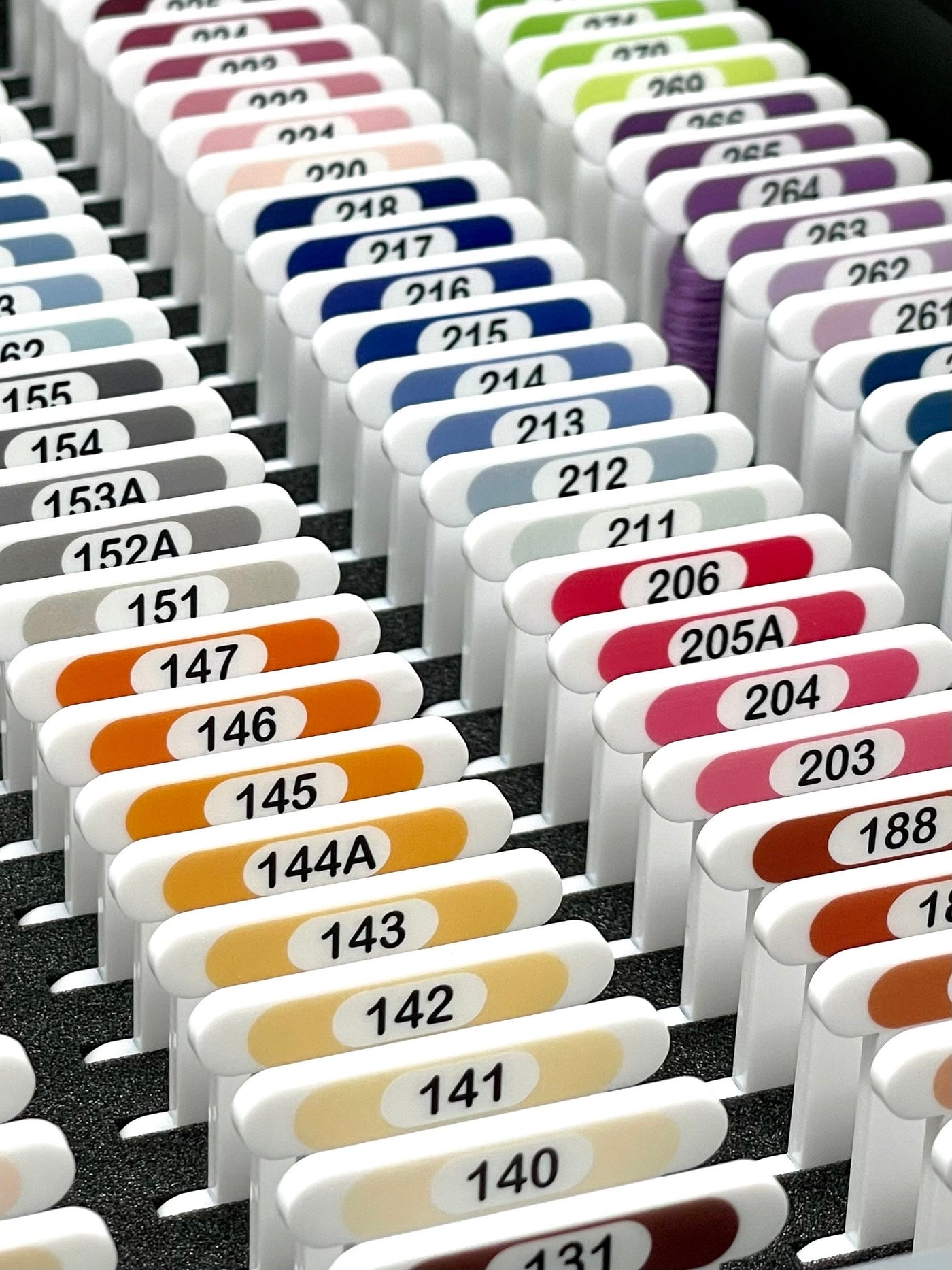 COSMO solid colours (x500) 3mm acrylic bobbins with printed number and colour swatch