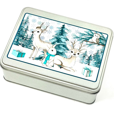 Forest Friends WIP bobbin storage tin with foam insert to hold 30 bobbins for cross stitch / embroidery projects