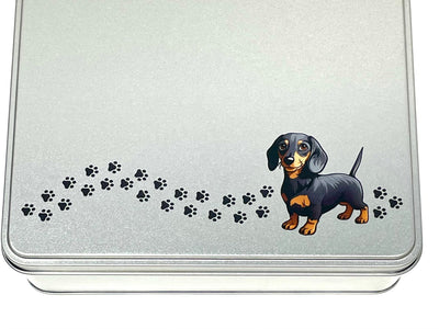 Dachshund tin with 20x wooden bobbins for cross stitch and embroidery projects
