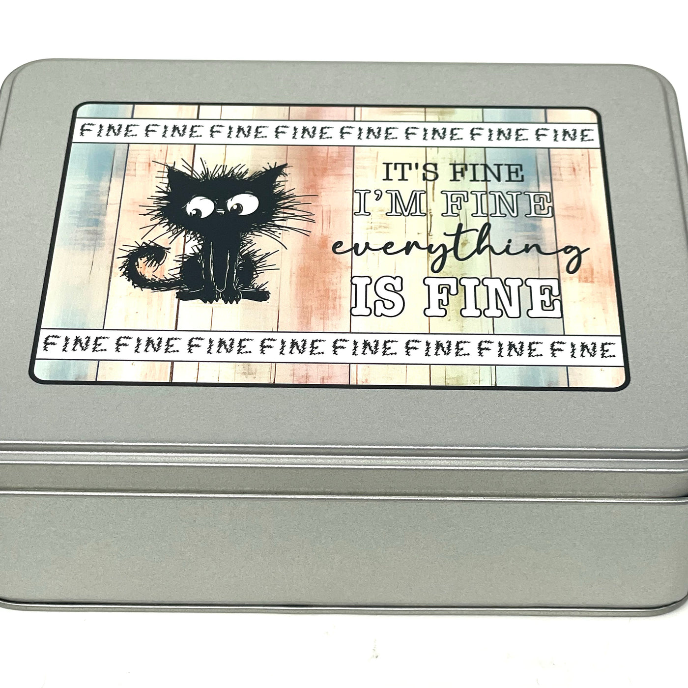 I'm Fine, It's Fine, Everything is Fine WIP bobbin storage tin with foam insert to hold 30 bobbins for cross stitch / embroidery projects
