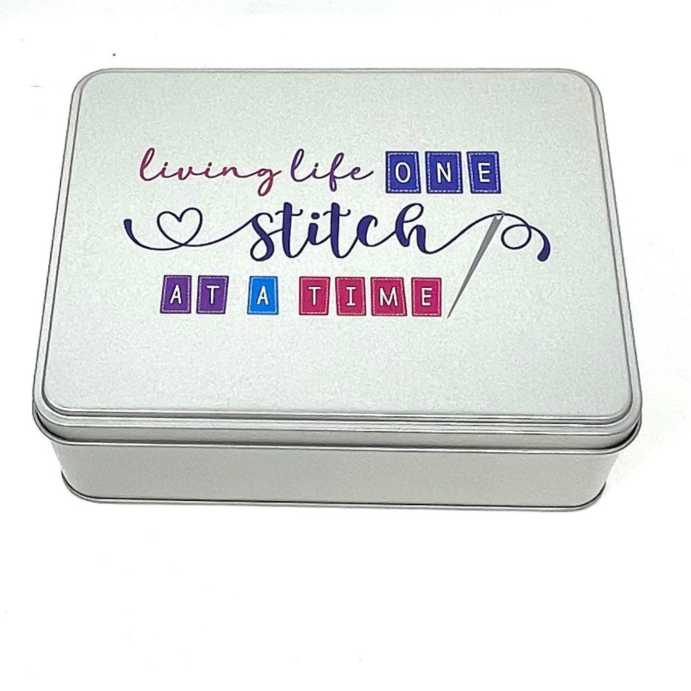 WIP bobbin storage tin 'Living Life one stitch at a time' with foam insert to hold 30 bobbins for cross stitch / embroidery projects