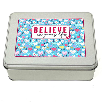 WIP bobbin storage tin 'Believe in yourself' with foam insert to hold 30 bobbins for cross stitch / embroidery projects