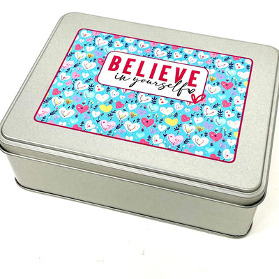 WIP bobbin storage tin 'Believe in yourself' with foam insert to hold 30 bobbins for cross stitch / embroidery projects