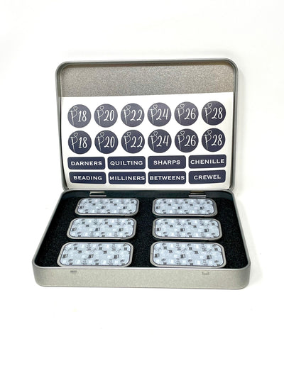 Needle Storage Tin set - 1 large tin, 6 small tins, foam insert and vinyl labels (no needles included)