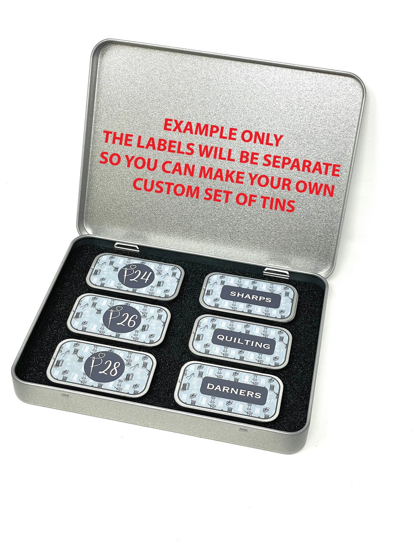 Needle Storage Tin set - 1 large tin, 6 small tins, foam insert and vinyl labels (no needles included)