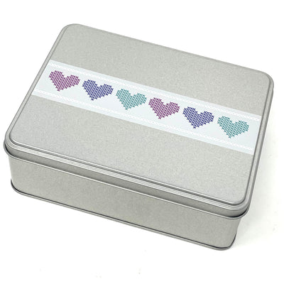 Cross Stitch Heart WIP bobbin storage tin with foam insert to hold 30 bobbins for cross stitch / embroidery projects