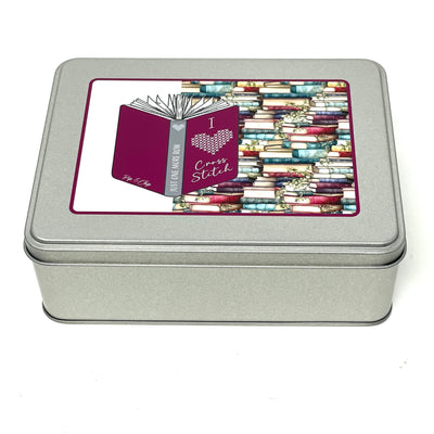Book design WIP bobbin storage tin with foam insert to hold 30 bobbins for cross stitch / embroidery projects